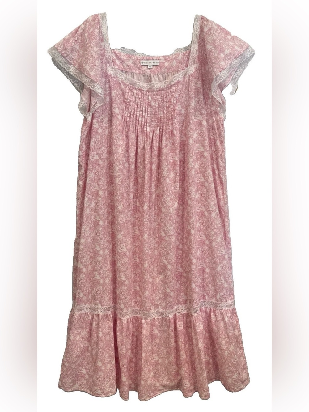 Eileen West Pink & White Paisley Floral Cotton Nightgown with Lace Trim